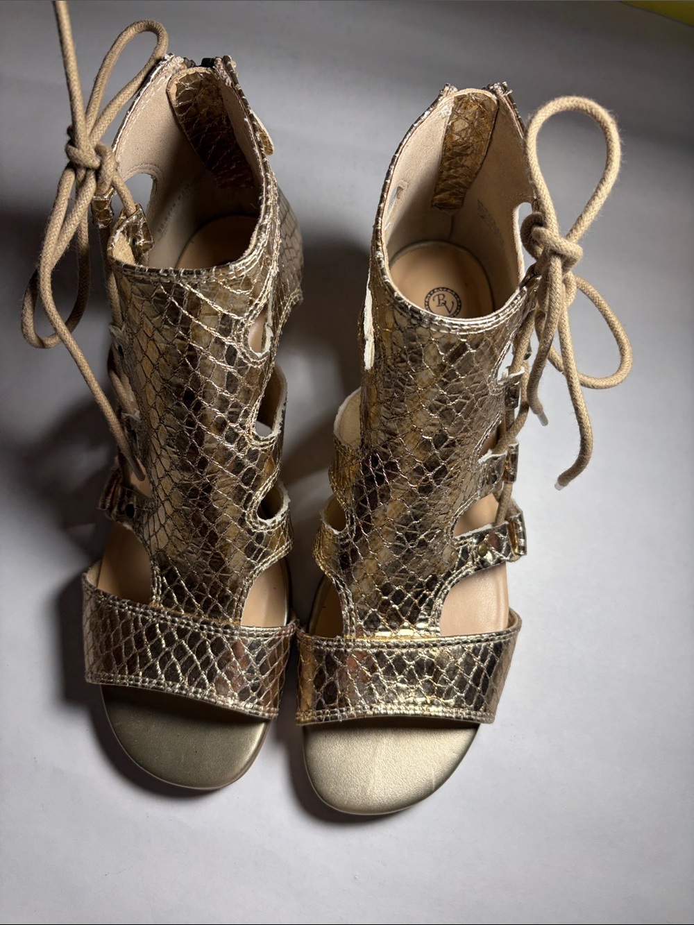 Bella Vita Chierra  X lace up gold metallic caged heeled sandals. Size 6 1/2 M.